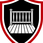 TD Surface deck staining service badge, red and black shield with deck and railing illustration