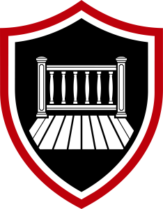 TD Surface deck staining service badge, red and black shield with deck and railing illustration