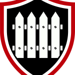 TD Surface fence staining service badge, red and black shield with picket fence illustration