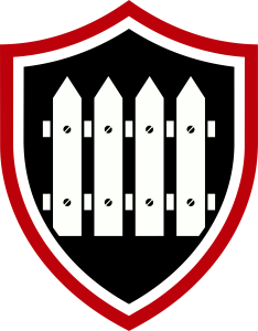 TD Surface fence staining service badge, red and black shield with picket fence illustration