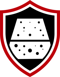 TD Surface concrete staining service badge, red and black shield with concrete surface illustration