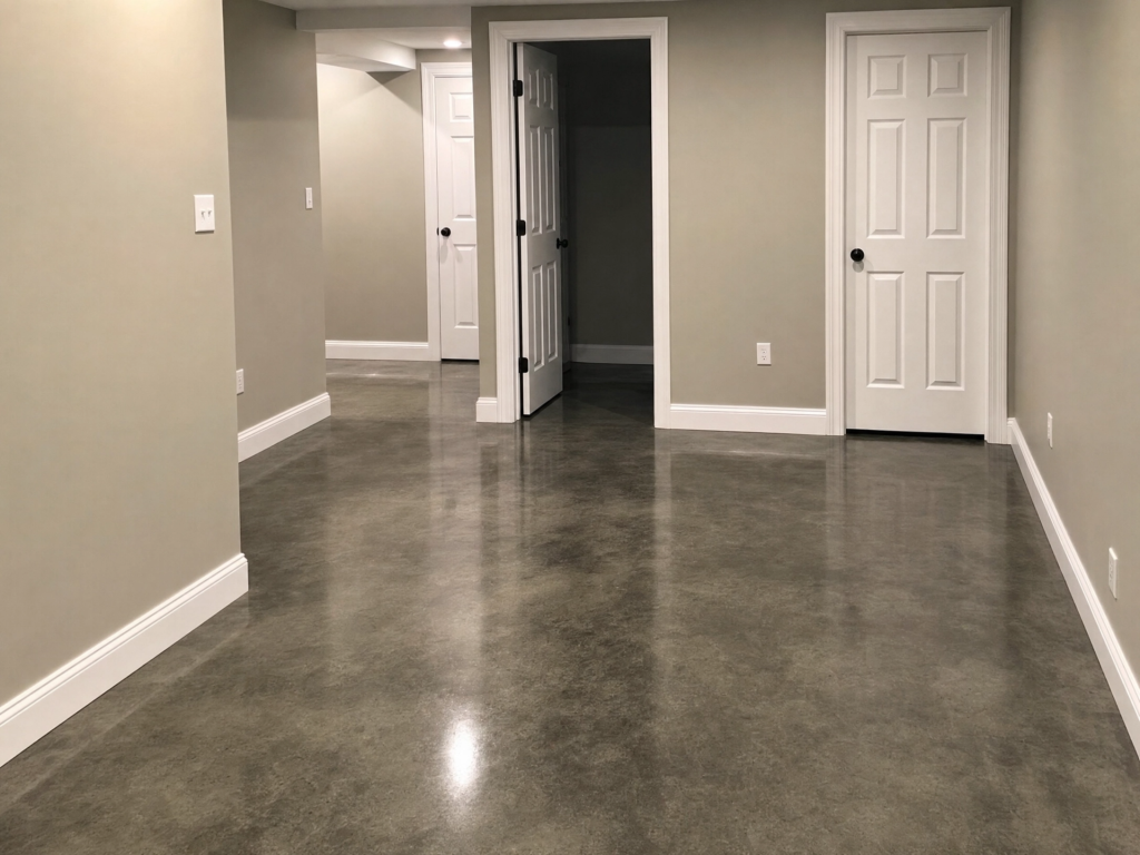 Finished basement with a rich dark stained and sealed concrete floor, concrete staining by TD Surface Stain and Seal
