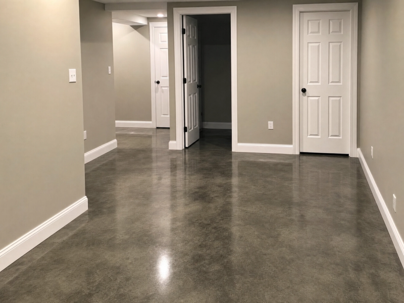 Finished basement with a rich dark stained and sealed concrete floor, concrete staining by TD Surface Stain and Seal